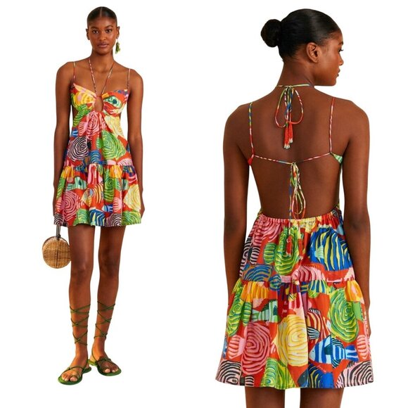 Farm Rio Stripe Fishes Mini Dress Womens Size XL Open Back Strappy Tropical Boho - Picture 1 of 13